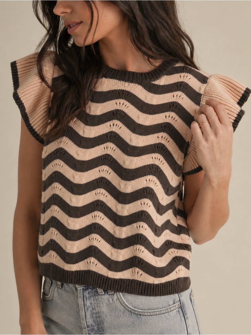 Soft Wave Flutter Sleeve Knit Top | Neutral Boho Color: Bronze Brown Size: Small